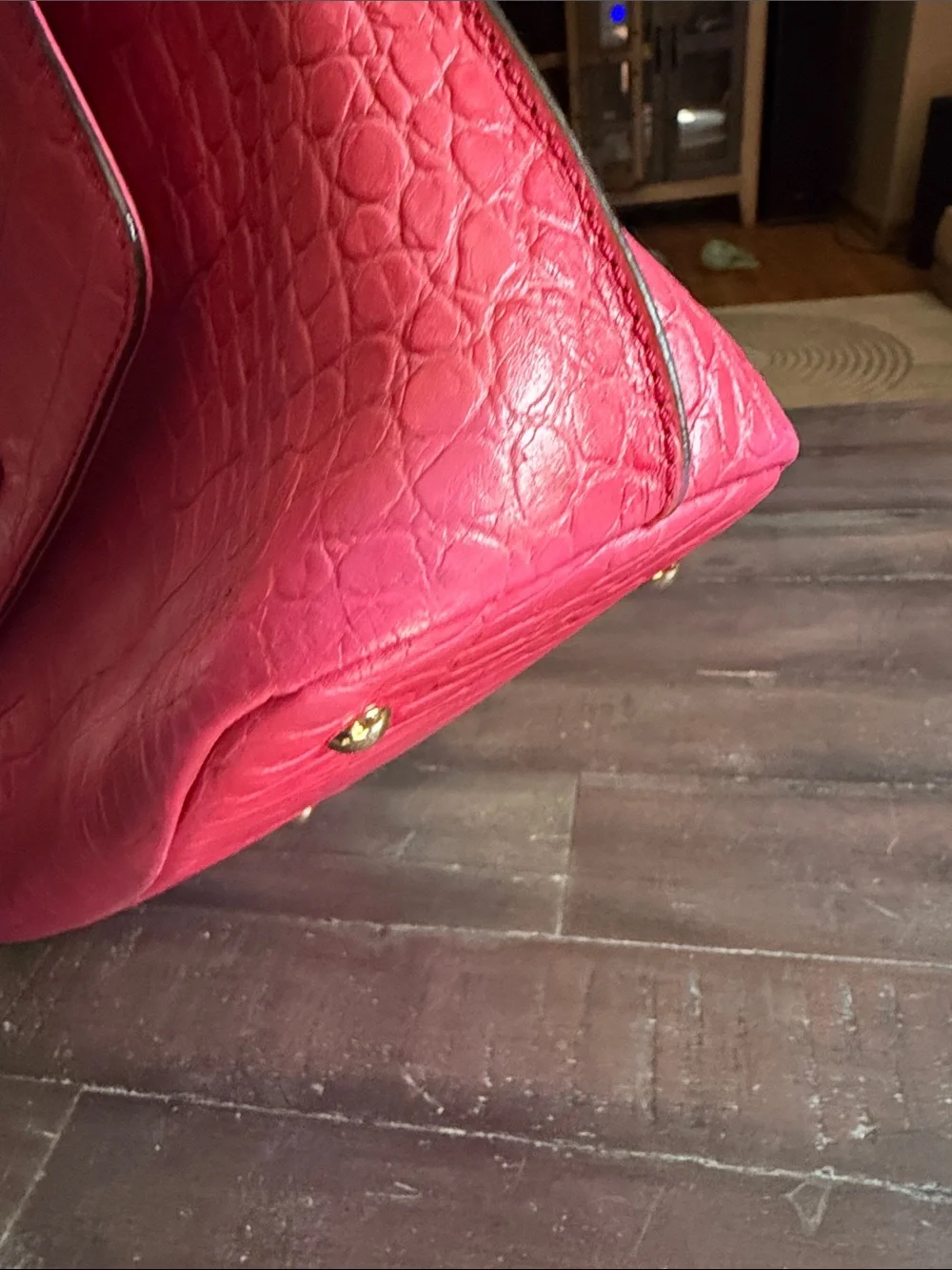 MCM Pink Croc-Embossed Top Handle Satchel with Gold Hardware